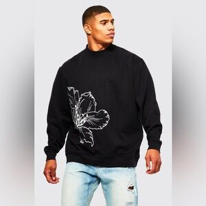 BoohooMAN Black Oversized Line Drawn Flower Print‎ Street Sweatshirt Medium M